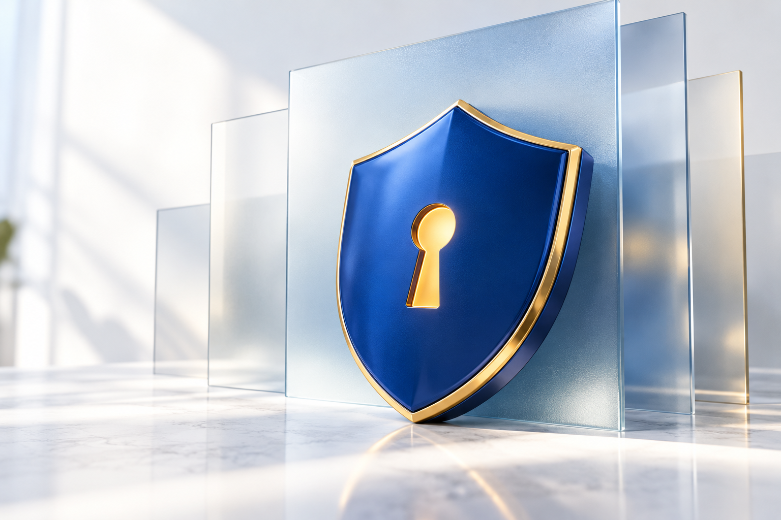 Blue shield and gold keyhole symbolising care with sensitive information