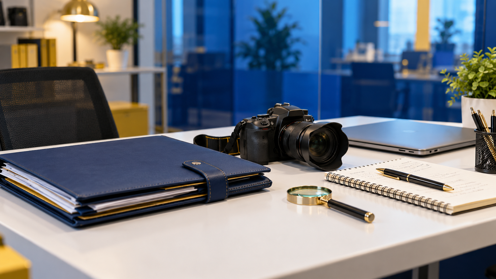 Illustrative investigation workspace with blue case folders and camera