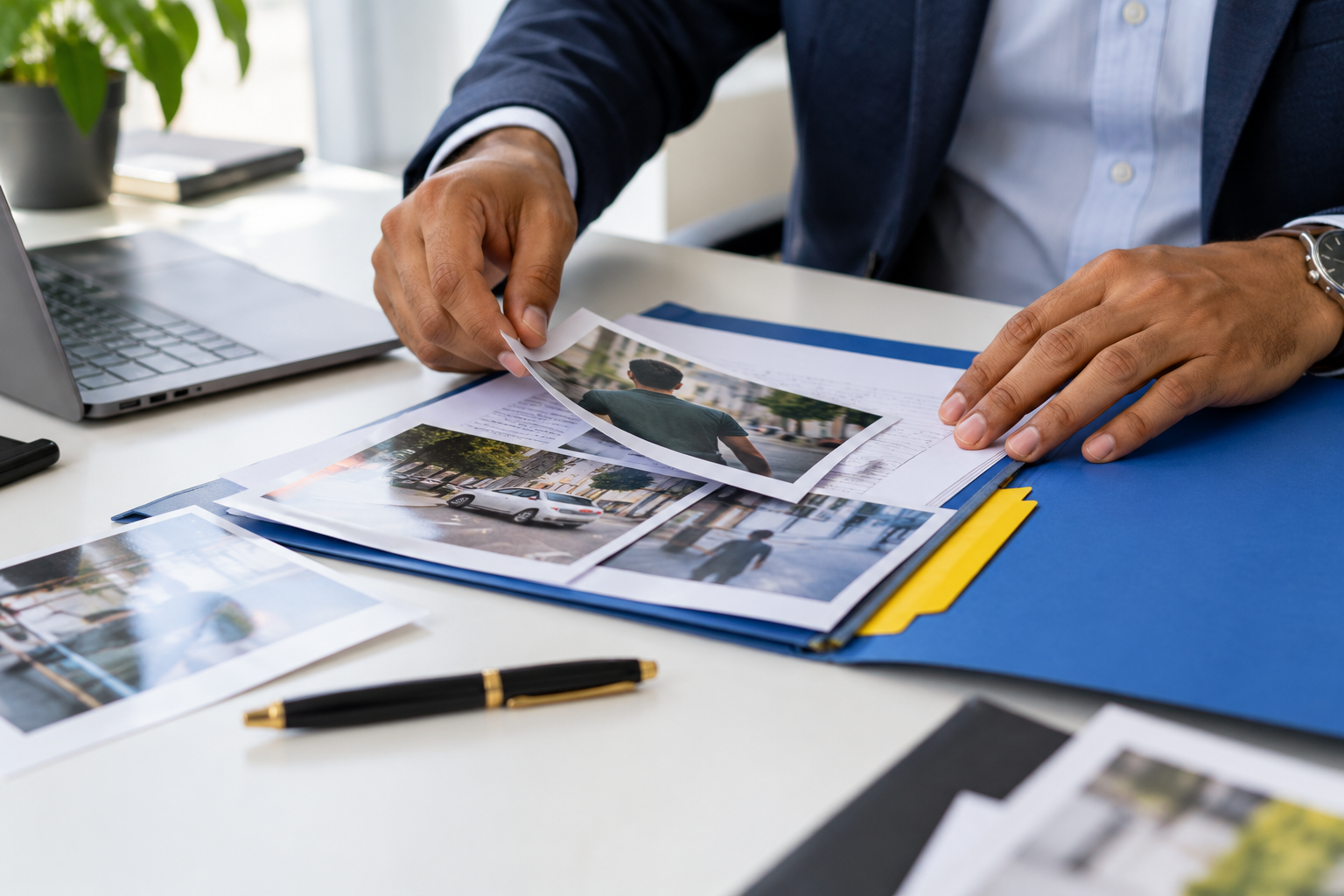 Illustration of organised case notes and photograph prints