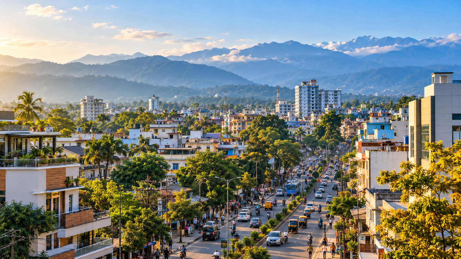 Illustrative Siliguri streetscape beneath the Himalayan foothills